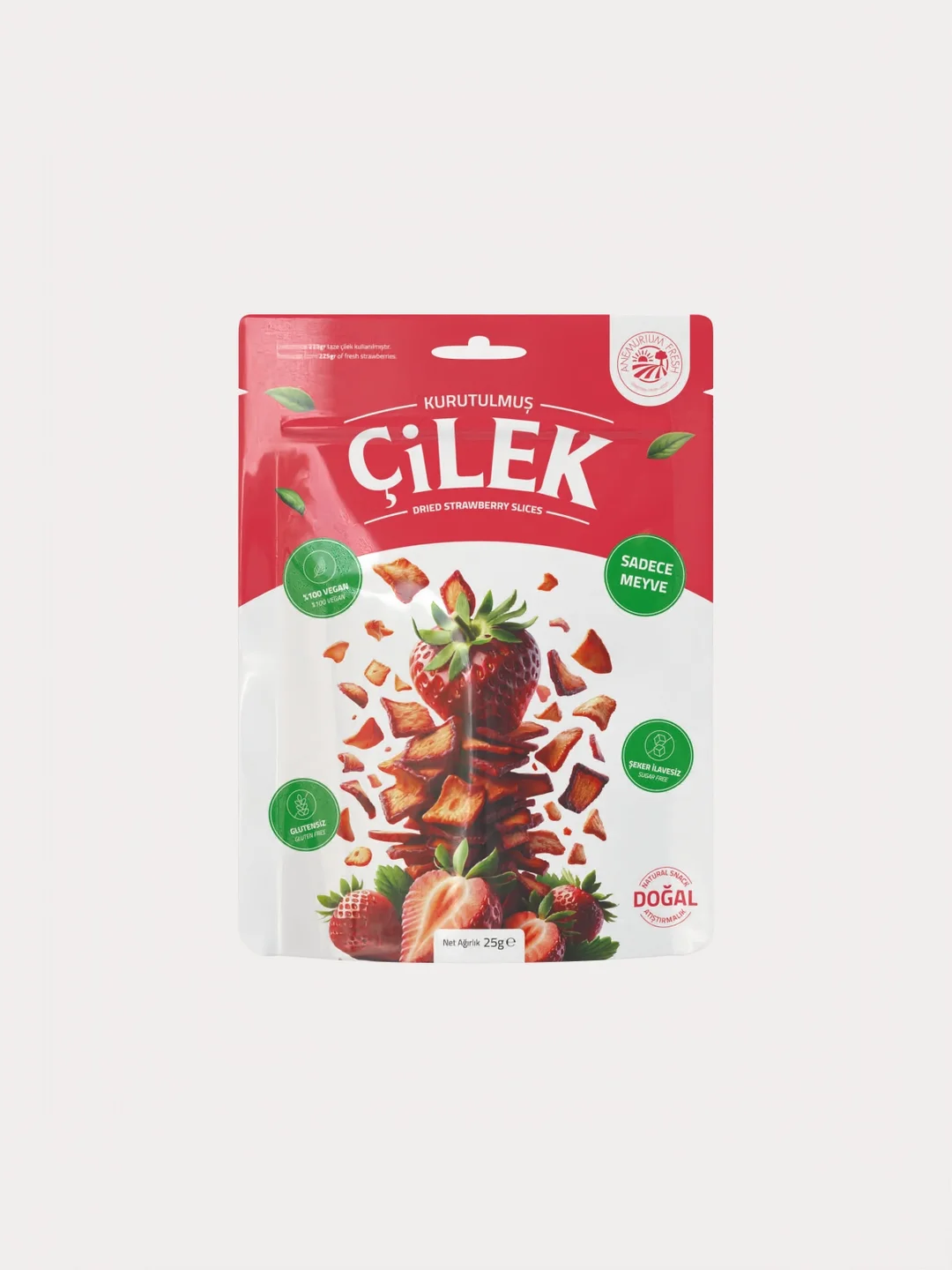 Anemurium kurutulmuş çilek doypack ambalaj tasarımı 3D modeli - Şahan Design ambalaj tasarımı