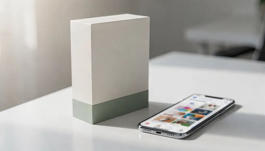 Premium bir kutunun yanında, e-ticaret vitrininde küçük görünen ürünü gösteren telefon.
